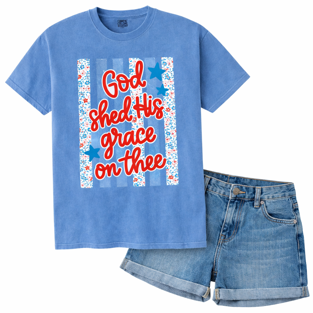 God Shed His Grace Tee – Floral Patriotic Design